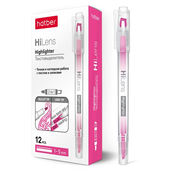 Текстовыделитель Hatber Hi-Lens Двухсторонний 1 mm/5 mm Розовый 12шт. в картонной коробке , 